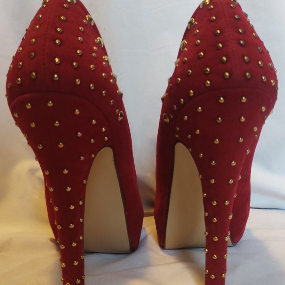Red Studded Open Toe with Gold Colour Tip 5" Heel - Picture 4 of 11